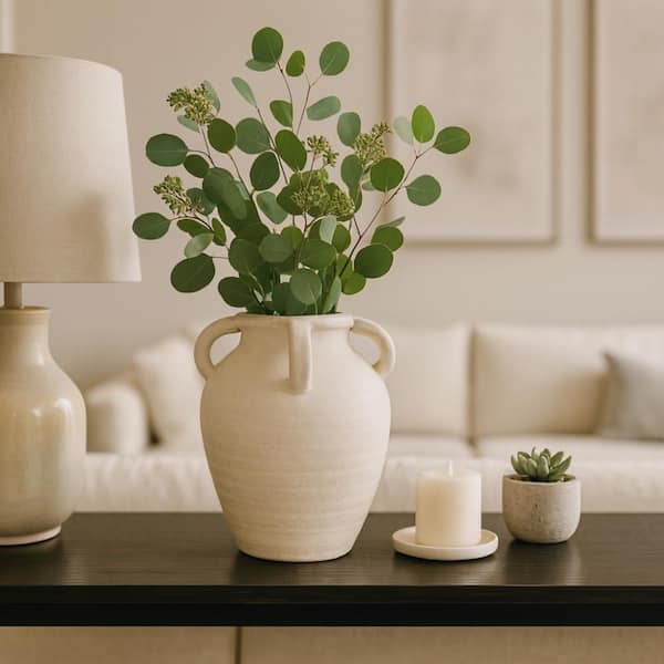 Liv & Skye 10 in. White Terracotta Multi-Handle Jug Decorative Vase 20489-01