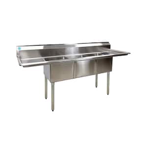 75 in. Freestanding Stainless Steel Commercial NSF 3 Compartments Sink EC3T1515LR with Drainboard 18-Gauge