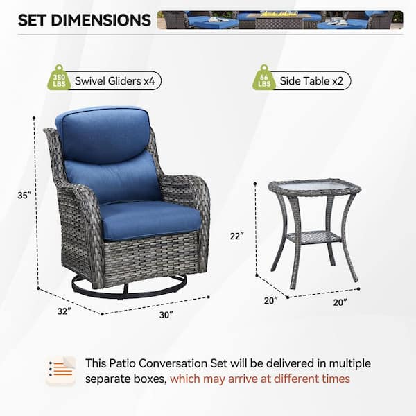 LunaCurve 6-Piece Gray Wicker Patio Conversation Set with 5 in. Olefin Blue Cushions and Swivel Glides/Side Tables