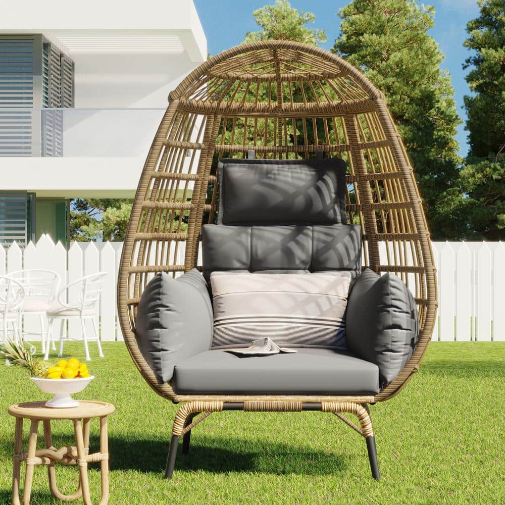 4.75 ft. Modern Outdoor Metal Rope Egg Chair with Removable Gray Cushion fo