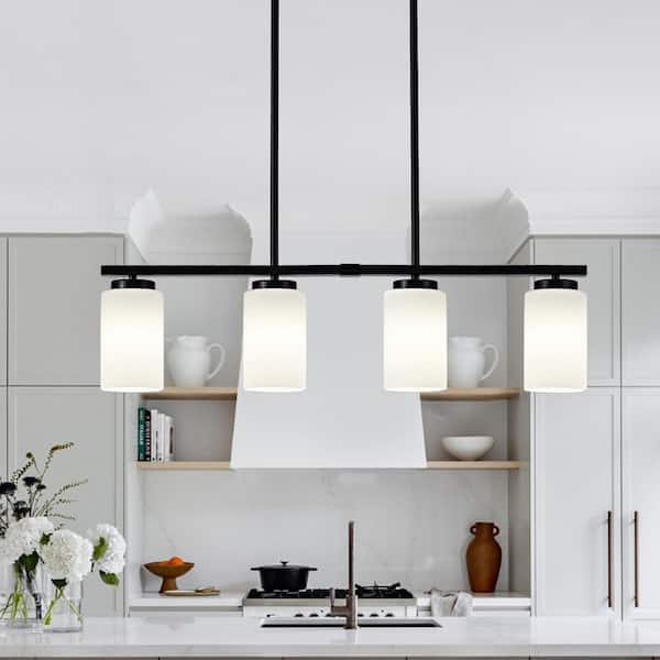 ZSMIHDOH 4-Light Black Modern Kitchen Island Light fixture,Linear Chandelier Pendant Hanging Light with White Frosted Glass Shade