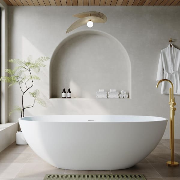 71 in. x 35.43 in. Stone Resin Solid Surface Matte Flatbottom Freestanding Soaking Bathtub in White