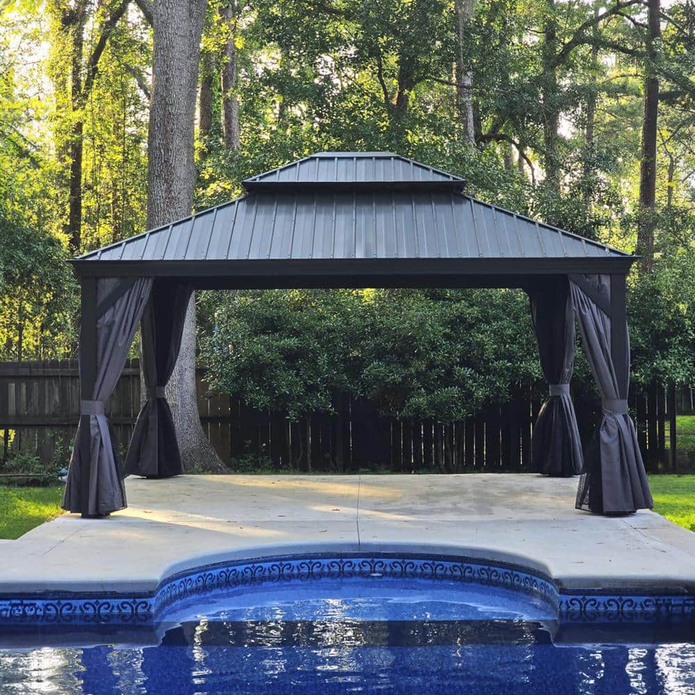 Gray Aluminum Frame 13' x 15' Hardtop Gazebo with Curtains