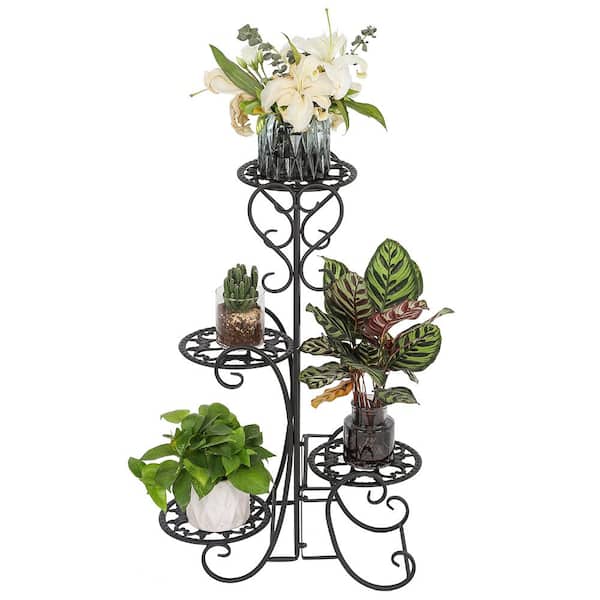 32.28 in. Tall Indoor Outdoor Black Metal Shelves Plant Pot Stand