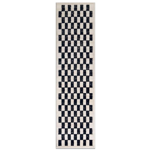 Contemporary Checkered Area Rug Black 2 ft. 3 in. x 12 ft. Runner Rug