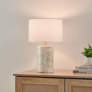 18 in. Natural Seashell Resin Table Lamp with White Linen Shade