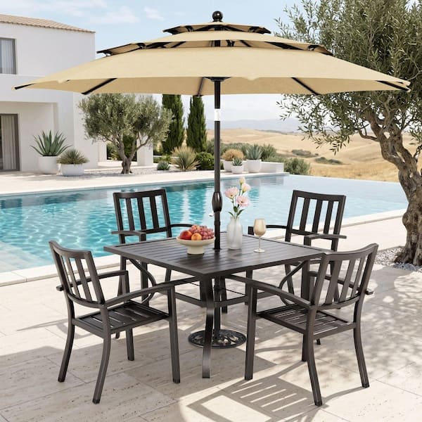 Black 6-Piece Metal Outdoor Patio Dining Set with Umbrella
