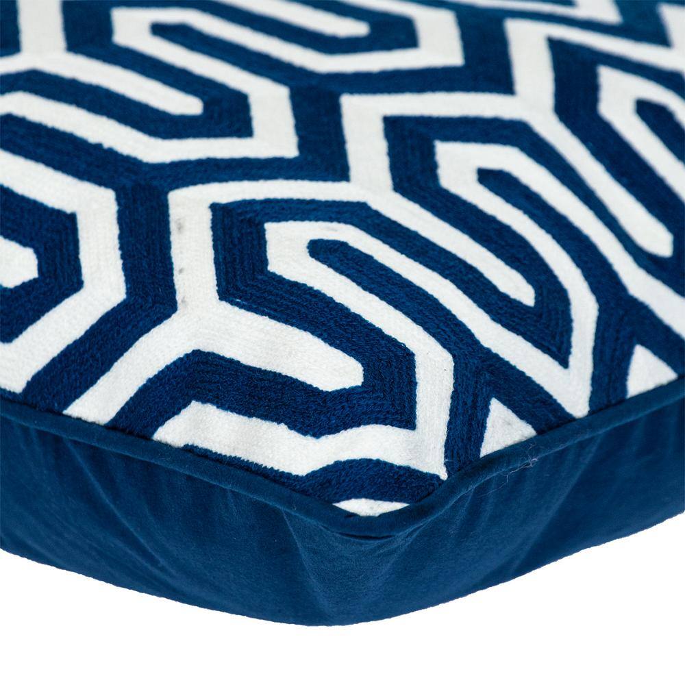 Blue and White Embroidered Geometric Square 20" Pillow