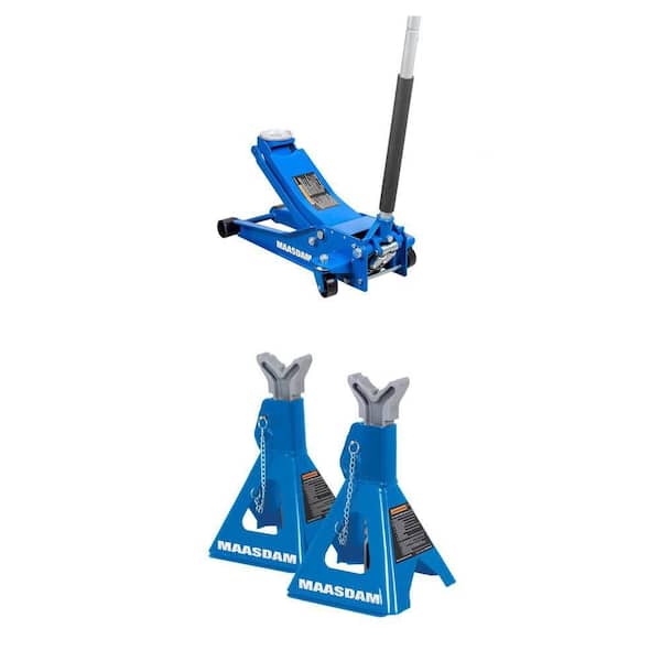 3-Ton Low Profile Quick Lift Floor Jack and 3-Ton Car Jack Stands Combo in Blue