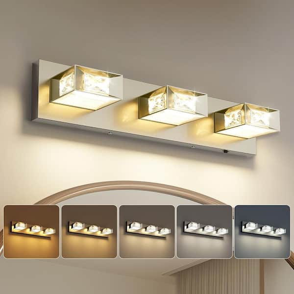 20.47 in. Nickle 3-Light Dimmable Crystal Bathroom Vanity Light with 5-CCT Adjustable Switch and 350° Swivel Range