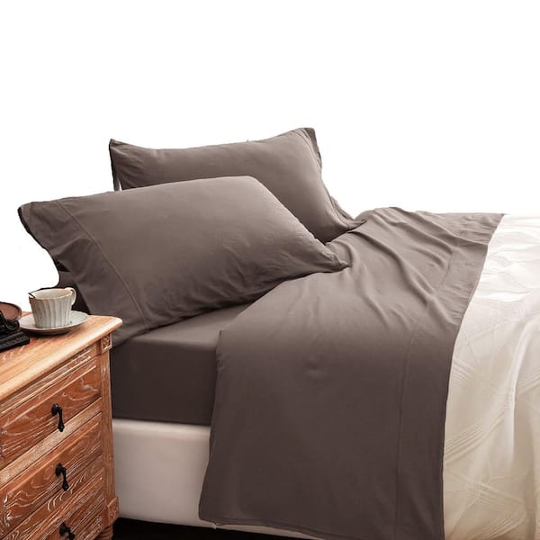 Soft 4-Piece Brown Solid Jersey Knit Cotton King Size Sheet Set