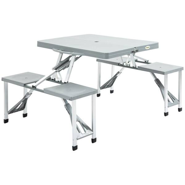 Unbranded 32 in. Grey Aluminum Folding Portable Picnic Table with 4 Seats and Umbrella Hole for Patio, Yard, BBQ
