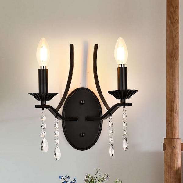 PAKOKULA Vintage 11.2 in. 2-Light Black Candlestick Wall Sconce with Crystal Pendant and No Bulb Included