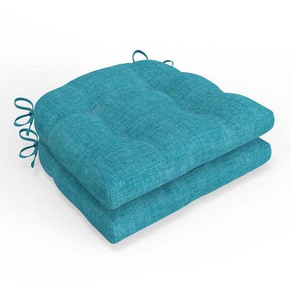 Pillow Perfect Solid Twill 17.5 in W x 4 in H Square Outdoor Tufted Wicker Seat Cushion with Ties 2-Count in Blue Splash Aqua