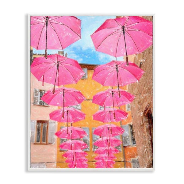 Stupell Industries Pink Umbrellas in Town by Graffi*tee Studios White Framed Architecture Giclee Art Print 20 in. x 16 in.