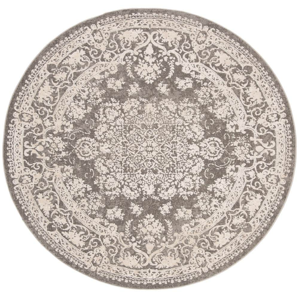 Round Dark Grey and Cream Synthetic Floral Area Rug