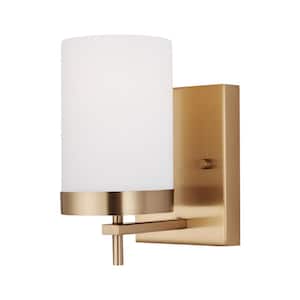 Zire 4.375 in. 1-Light Satin Brass Dimmable Bath Vanity Light with Etched White Glass Shade