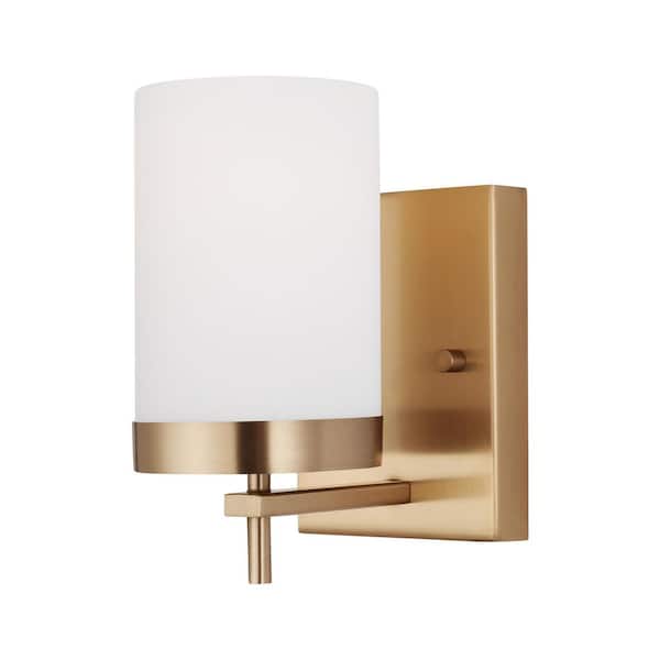 Generation Lighting Zire 4.375 in. 1-Light Satin Brass Dimmable Bath Vanity Light with Etched White Glass Shade