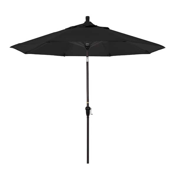 California Umbrella 9 ft. Bronze Aluminum Pole Market Aluminum Ribs Auto Tilt Crank Lift Patio Umbrella in Black Sunbrella