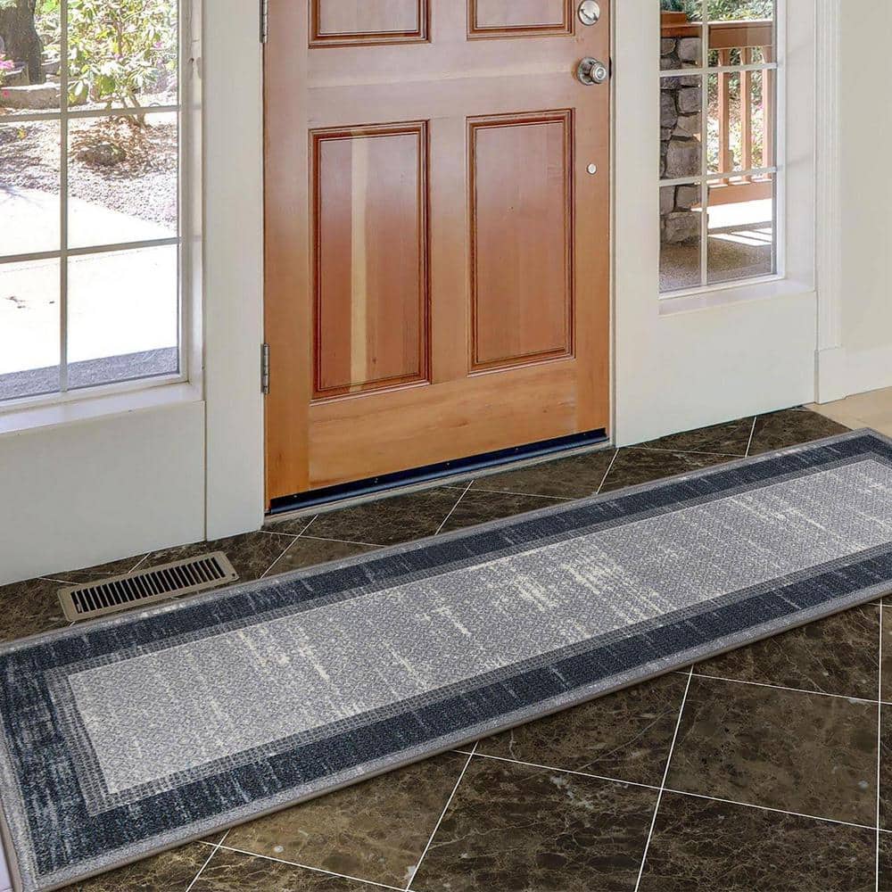 Gray and Black Machine Washable Non-Slip Runner Rug
