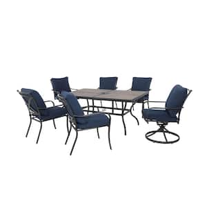 7-Piece All Weather Aluminum Outdoor Dining Set, 65 in. L x 39 in. W Tile Top Table and 6 Armchairs with Cushion