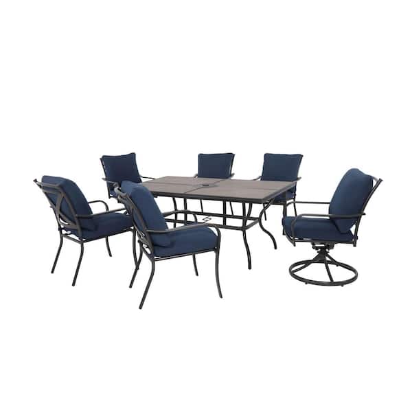 Exclusive Heritage 7-Piece All Weather Aluminum Outdoor Dining Set, 65 in. L x 39 in. W Tile Top Table and 6 Armchairs with Cushion
