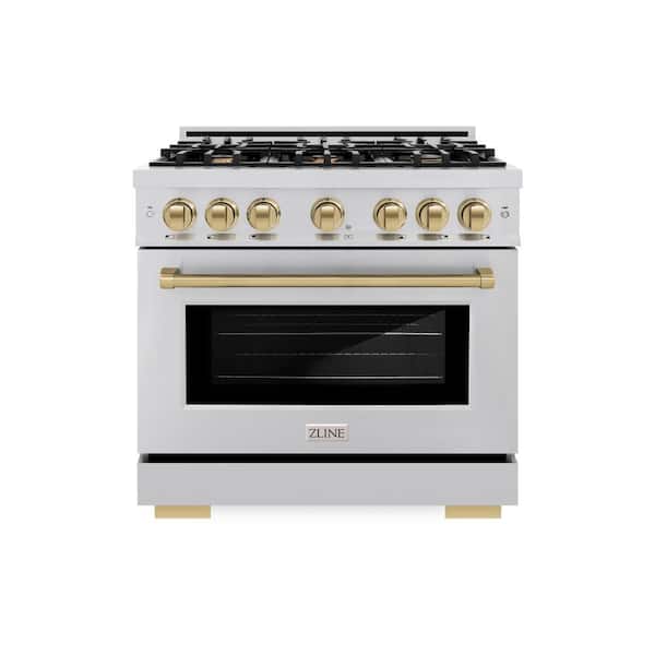 Select 36 in. 6-Burner Dual Fuel Range with Convection Oven in Stainless Steel and Champagne Bronze