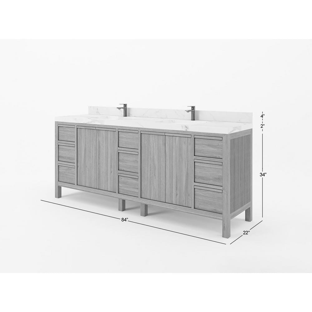 84'' Dark Walnut Teak Double Bathroom Vanity with Quartz Top