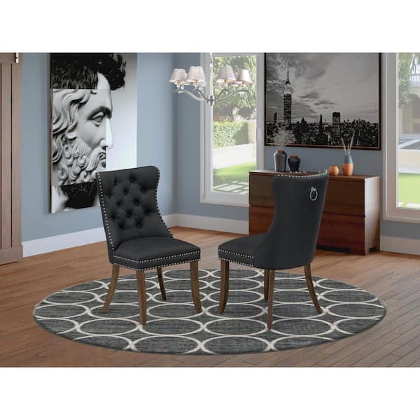 East West Furniture Antique Walnut, Parson Kitchen Chairs - Dark Gray Faux Leather Upholstered Dining Chairs, Set of 2