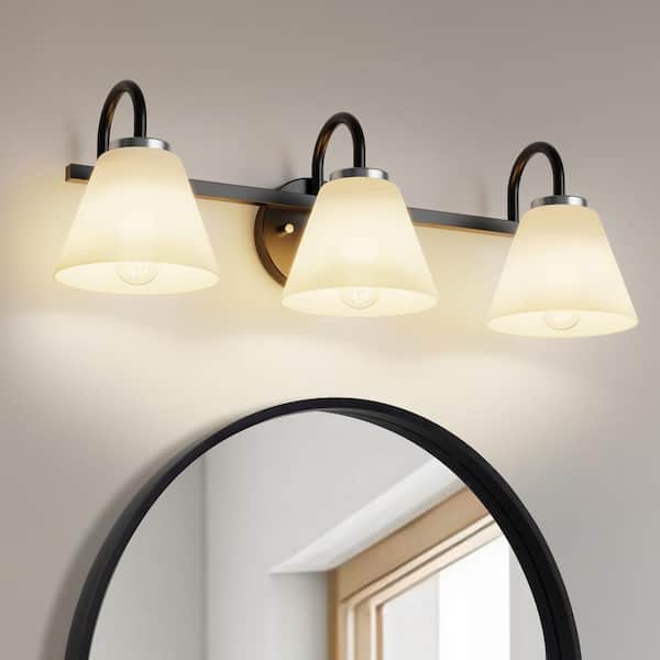 YANSUN 25 in. 3-Light Black Vanity Light with White Cone Glass Shades for Bathroom, Mirror, Powder Room