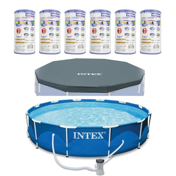 Intex Round 12 ft. Metal Frame Above Ground Swimming Pool with Pump, Filter Cartridge (6-Pack) and Cover 30 in. H