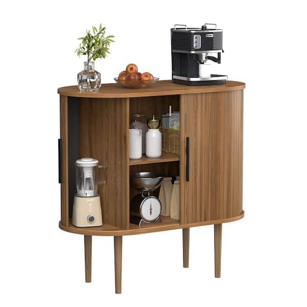VEIKOUS 31.5 in. W Sideboard Storage Cabinet with Sliding Tambour Doors in Brown