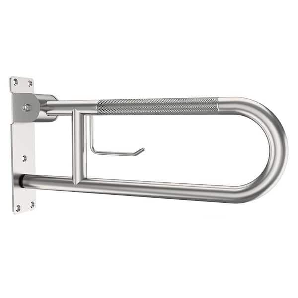 22.4 in. Brushed Nickel Flip-Up Toilet Safety Handrails, U-Shaped Grab Bar with Paper Holder, Stainless Steel Support
