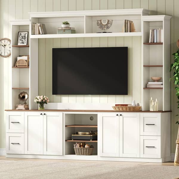 Farmhouse Large Wall Unit Entertainment Center White TV Stand Fits TV's up to 70 in. with Shelves, Drawers, Cabinets