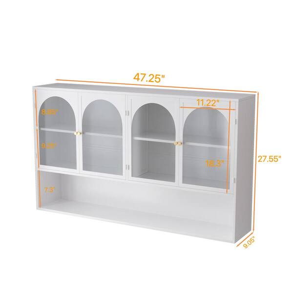 47.25 in. W x 9.05 in. D x 27.55 in. H Metal Upper Wall-mounted Kitchen Cabinet in White with Glass Doors