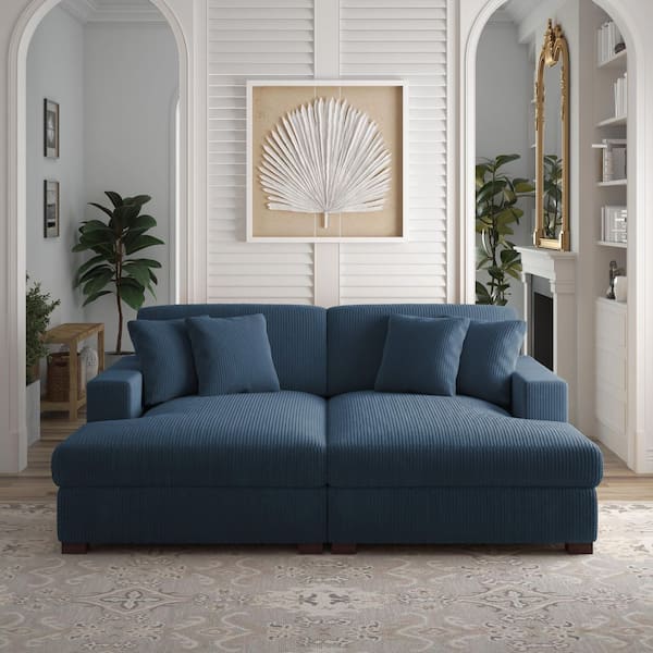 83 in. Square Arm Corduroy Fabric Upholstered Sectional Sofa in Navy Blue with 4-Pillows and Wood Leg