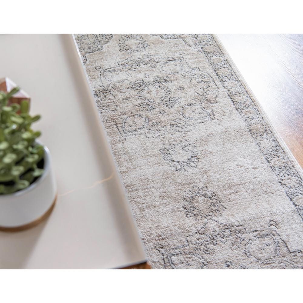 Ivory and Gray Geometric Synthetic Indoor Runner Rug
