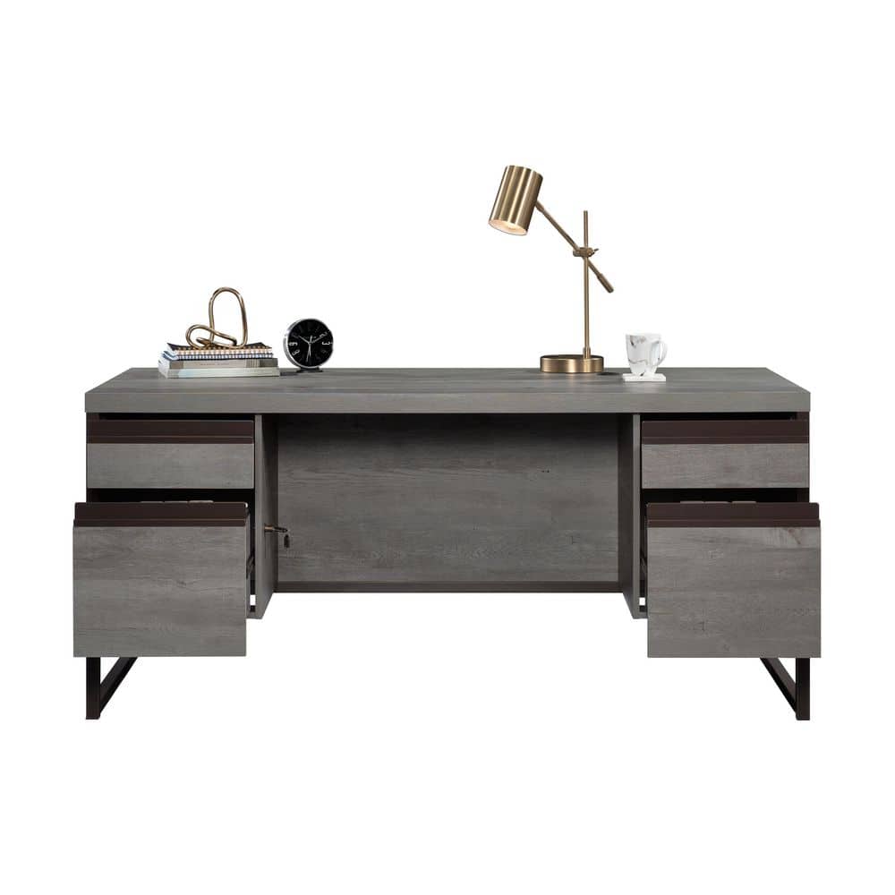 Mystic Oak Gray Executive Desk with Drawers and Keyboard Tray
