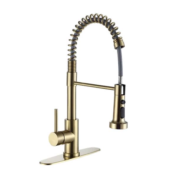 Tahanbath Single Handle Deck Mount Pull Out Sprayer Kitchen Faucet with Deckplate Included in Brushed Gold