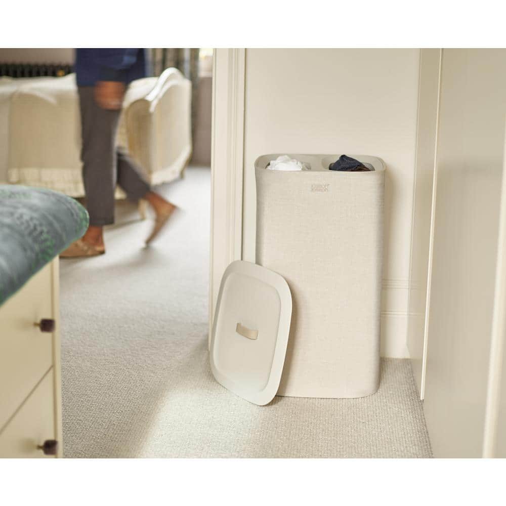 Beige Steel Dual Compartment Laundry Sorter with Lid
