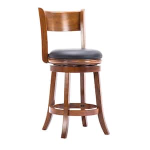 24 in. Brown and Black Low Back Wooden Swivel Counter Stool with Faux Leather Seat