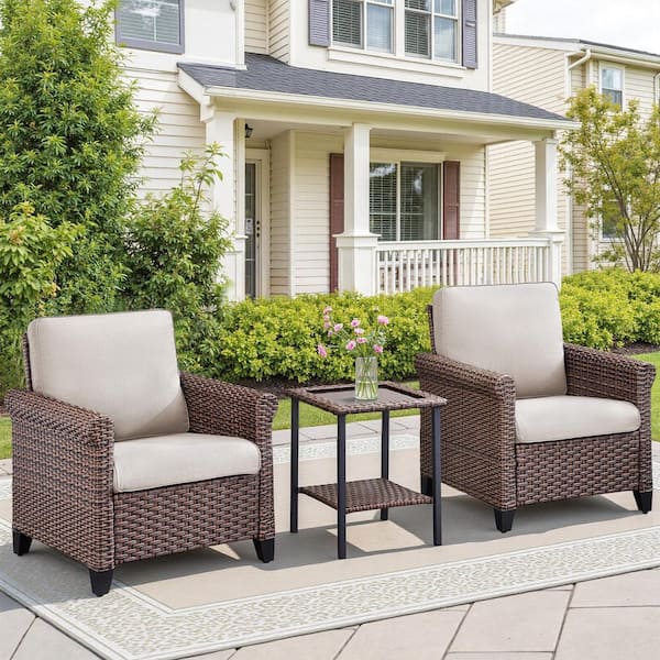 3-Piece Wicker Patio Conversation Set with Beige Cushions