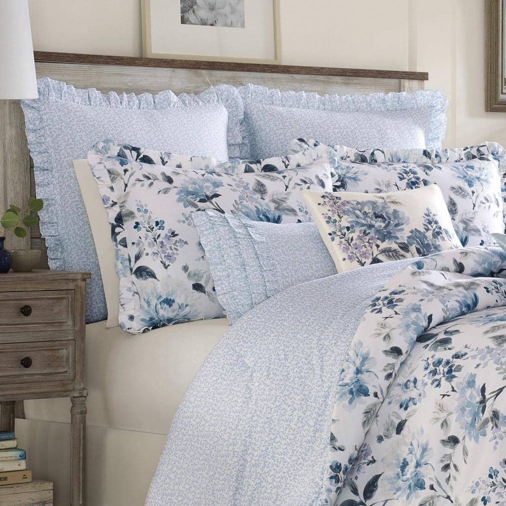 Chloe 16" Blue and White Embroidered Floral Throw Pillow