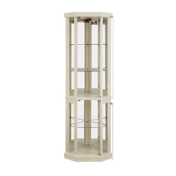 Tileon 16.5 in. W x 16.5 in. D x 69.85 in. H Antique White Linen Cabinet Corner Lighted Curio Cabinet Glass Display Case