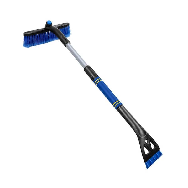 Car SUV Truck Extendable 2-in-1 Ice Scraper Snow Brush Windshield Cleaner Foam Grip 360° Pivot Head Blue