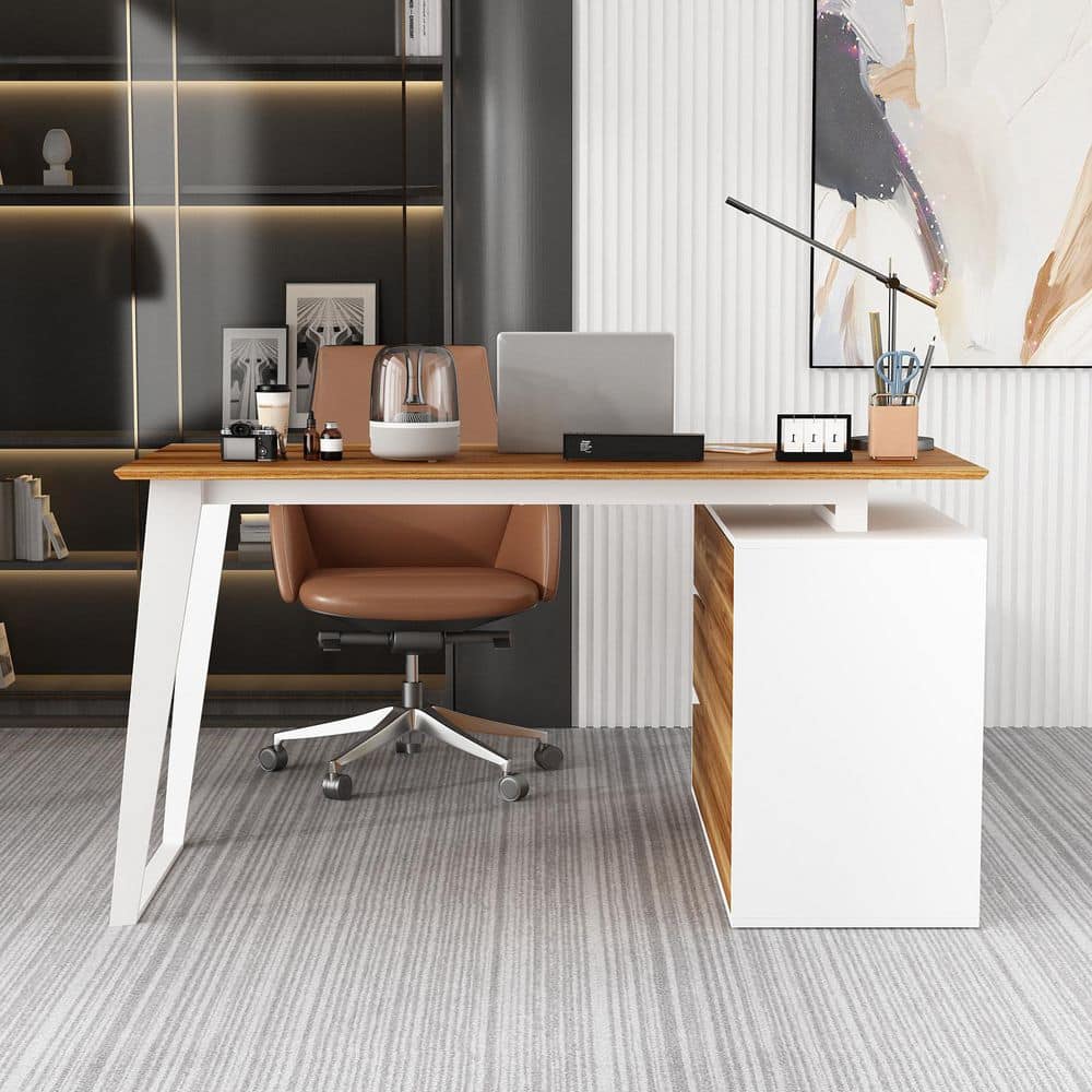 54.3 in. Rectangular White Wood 3-Drawer Desk with 2 Storage Cabinets, for Home Office Study or Commercial Use price history on PriceWatchPro