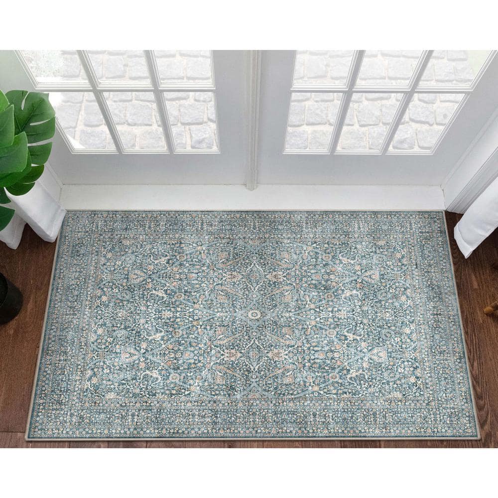 Blue and Beige Synthetic Flat-Weave Oriental Area Rug, 3'11" x 5'3"