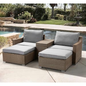 Brown Rattan Wicker Outdoor Chaise Lounge with Gray Cushions, 2-Person Seating Group Patio Chaise Lounge