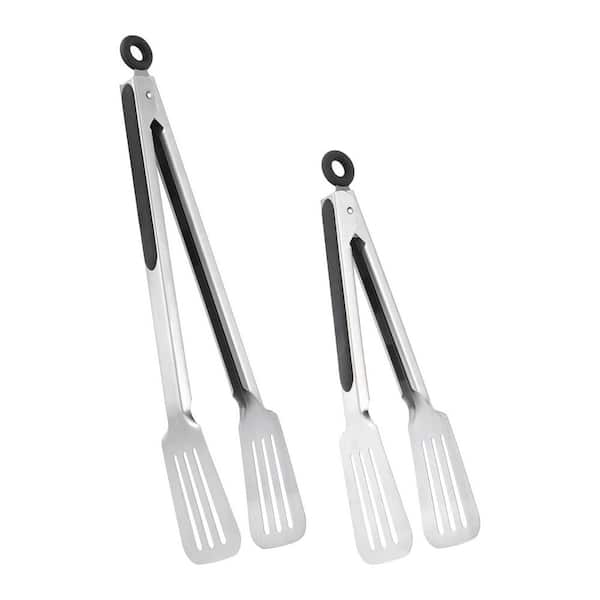 Stainless Steel Spatula Head Metal Tongs Set for Grilling Cooking Flipping Strong Grip Easy Pull Lock 2 Piece
