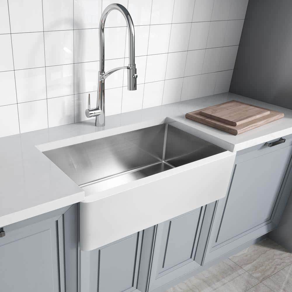 Apollo 36'' White Stone Farmhouse Kitchen Sink with Stainless Steel Interior
